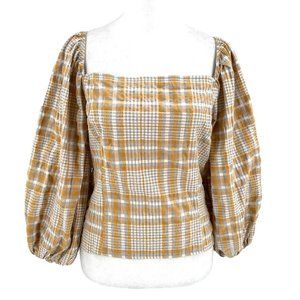 Anthropologie Maeve Plaid Square-Neck Smocked Puff Sleeve Boho Blouse size XL